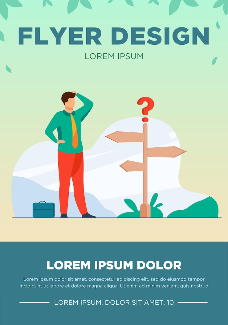 Vector Gratis pensive businessman making decision. man in office suit standing at road direction signs. vector illustration for opportunity, solution, idea concept
