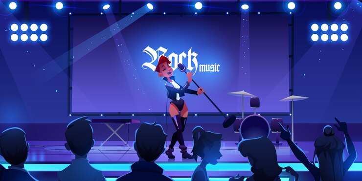 Vector Gratis penyanyi di atas panggung membawakan konser musik rock. wanita menyanyikan lagu di atas panggung dengan mikrofon, para penggemar menonton pertunjukan dengan peralatan dan penerangan, serta instrumen live.