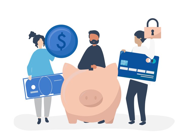 Vector Gratis people holding savings and security icons illustration