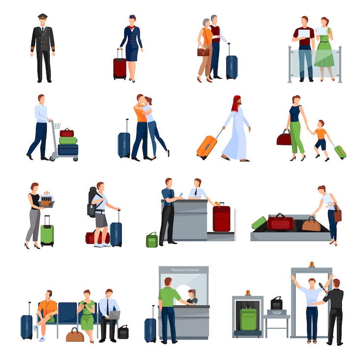 Vector Gratis people in airport flat color icons set 