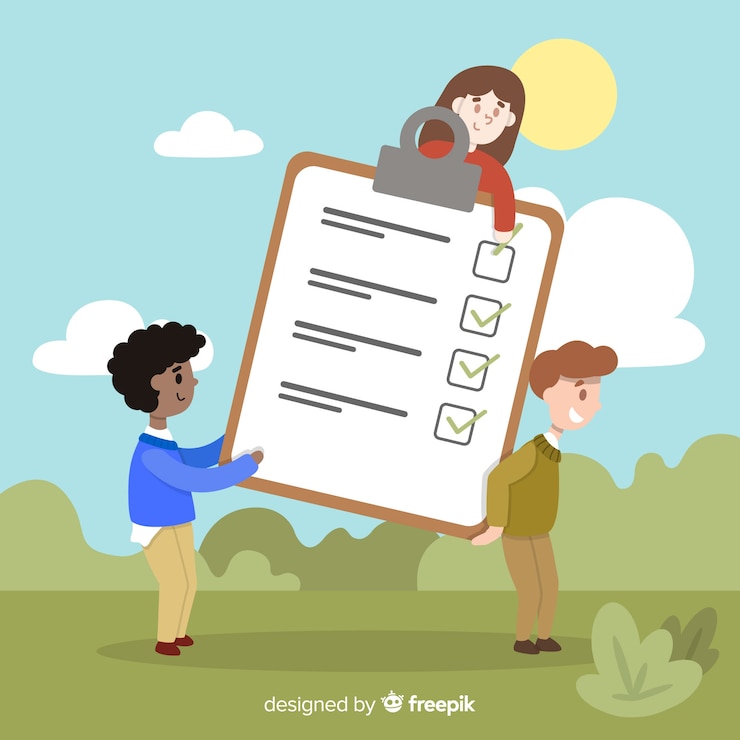 Vector Gratis people in the field checking giant check list background