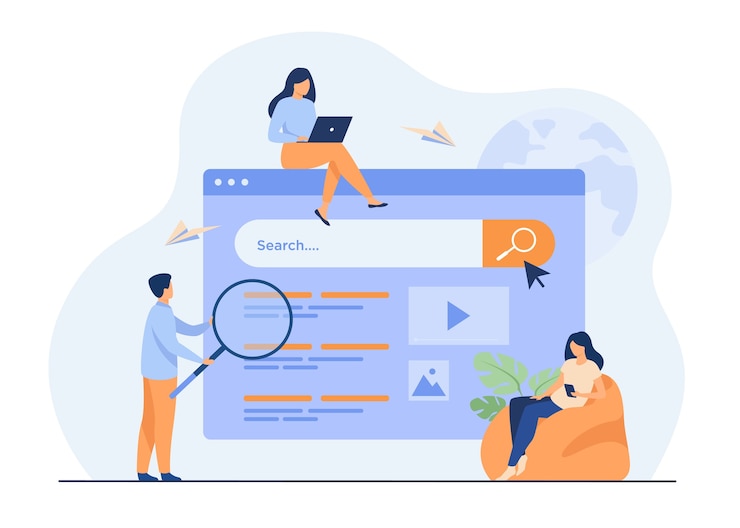Vector Gratis people using search box for query, engine giving result.
