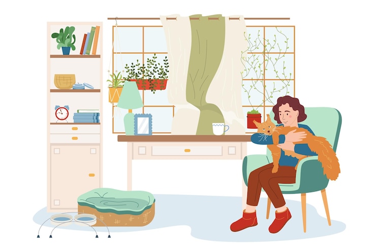 Vector Gratis people with exotic pets flat composition of isolated living room scenery with sitting woman holding lynx vector illustration