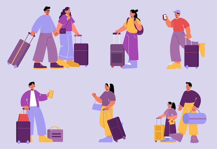 Vector Gratis people with luggage, tourists travel with bags. set of male and female characters traveling. family couple, parent with kid, happy men and women walk with baggage, line art flat vector illustration