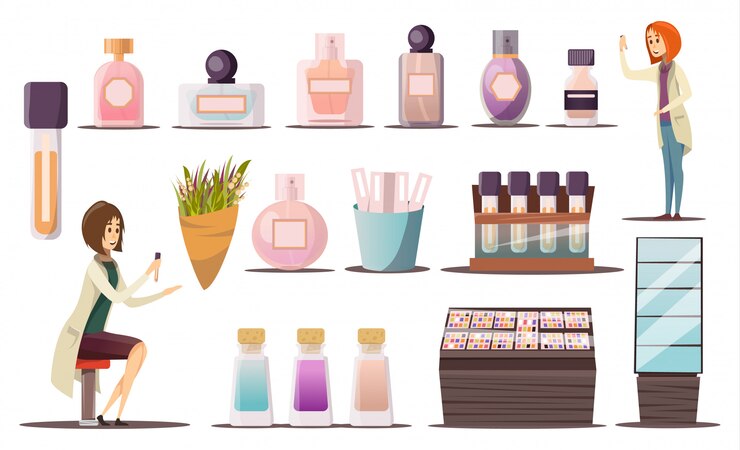 Vector Gratis perfume shop icon set with cosmetic corners shop windows and cosmetic products 