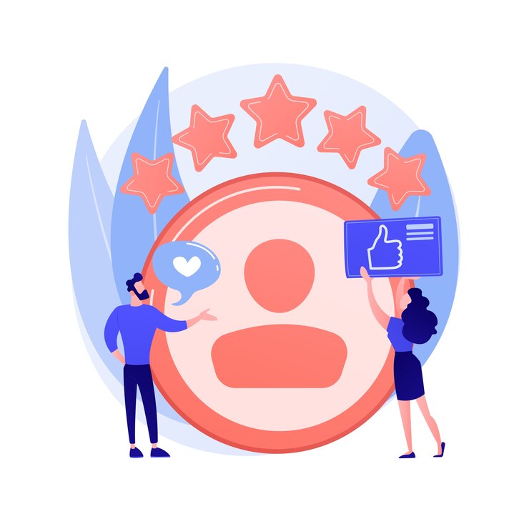 Vector Gratis personal account. positive feedback, user review, loyalty stars. dating site, website ranking. woman evaluating web page cartoon character.
