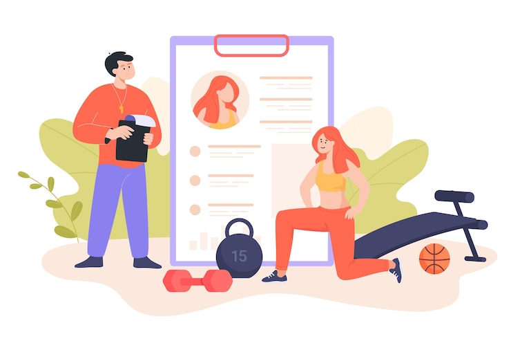 Vector Gratis personal trainer and woman exercising in gym