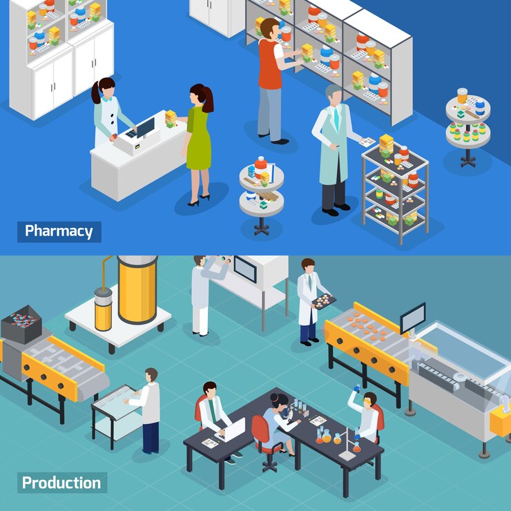 Vector Gratis pharmaceutical production isometric banners
