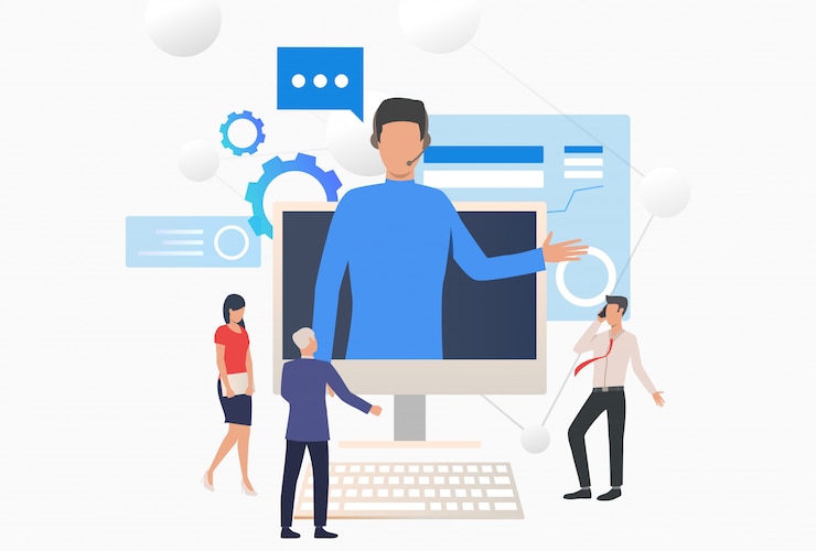 Vector Gratis phone agent wearing headset and consulting customers