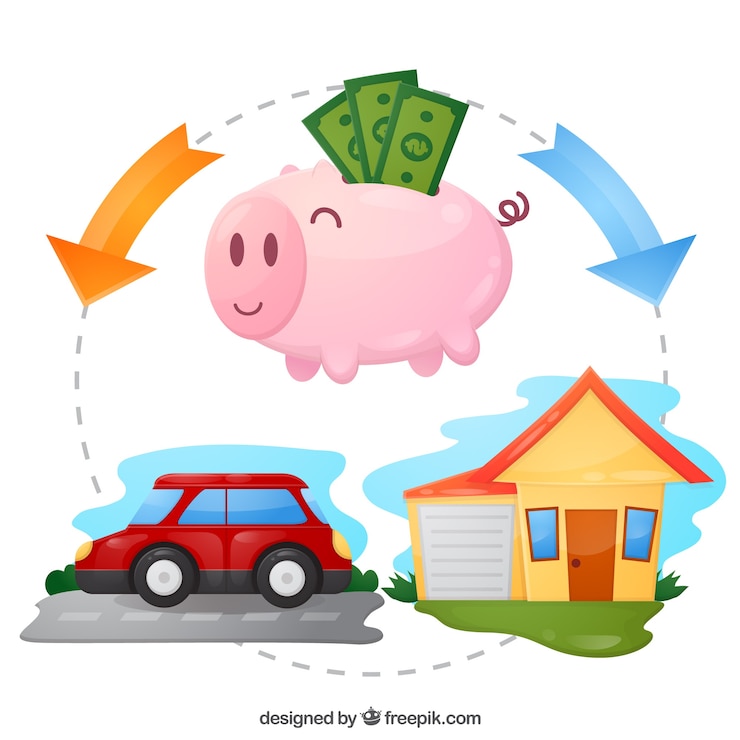 Vector Gratis piggy bank with savings for car and house