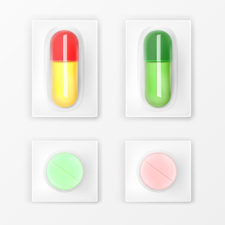 Vector Gratis pills blister pack, medicine tablets and capsules