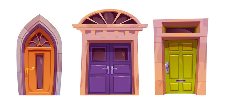 Vector Gratis pintu depan kartun pintu masuk rumah dengan tiang bata dan jendela ilustrasi vektor set pintu kayu berwarna-warni tertutup dengan kotak surat pegangan dan bingkai kaca dekoratif elemen eksterior rumah