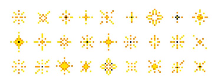 Vector Gratis pixel art glitter star icons sparkles and firework bursts in 8bit retro style