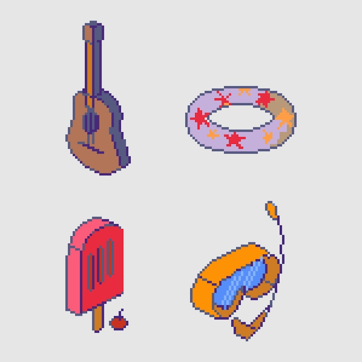 Vector Gratis pixel art summer elements set