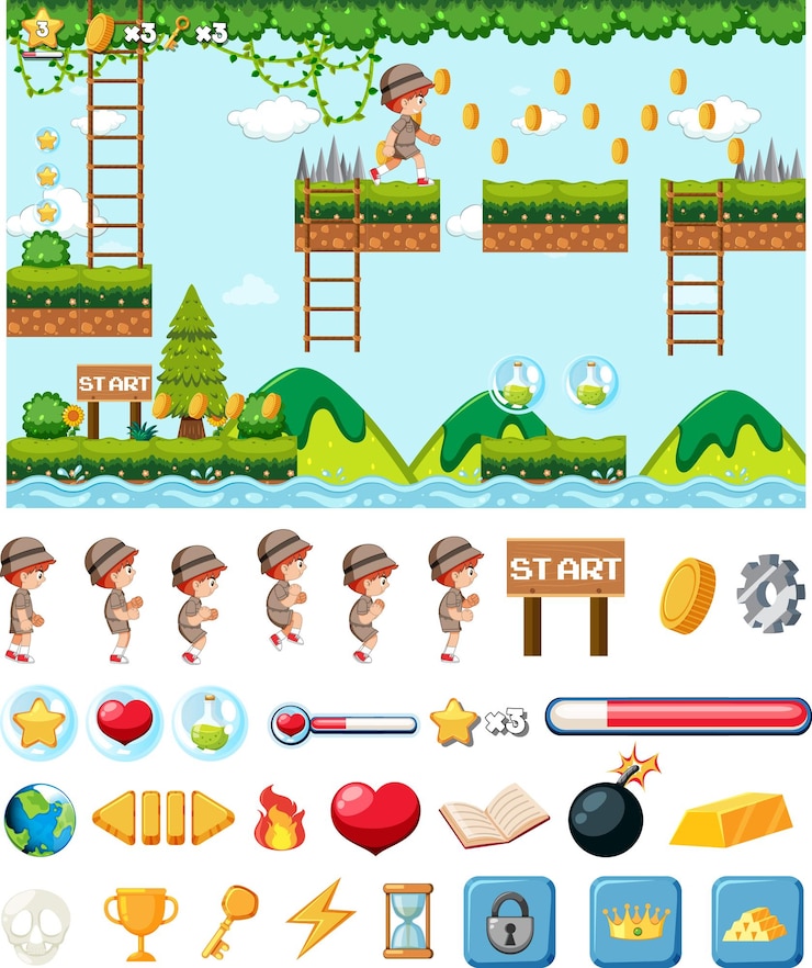 Vector Gratis platform game background template with items