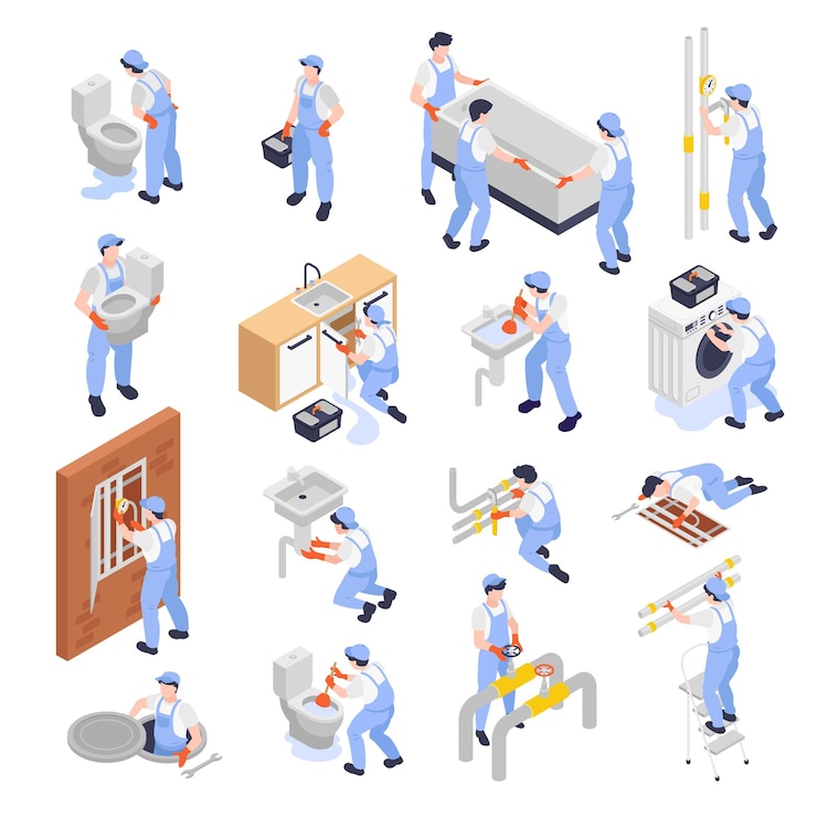 Vector Gratis plumber icons set with work symbols isometric isolated vector illustration