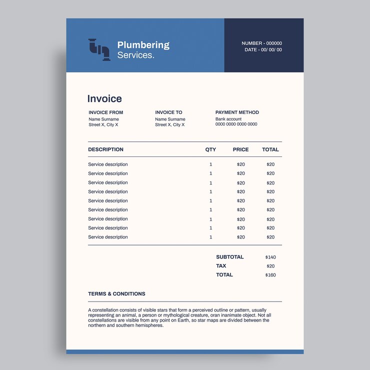 Vector Gratis plumbering services company invoice template
