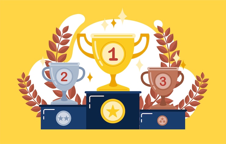 Vector Gratis podium pemenang dengan piala.