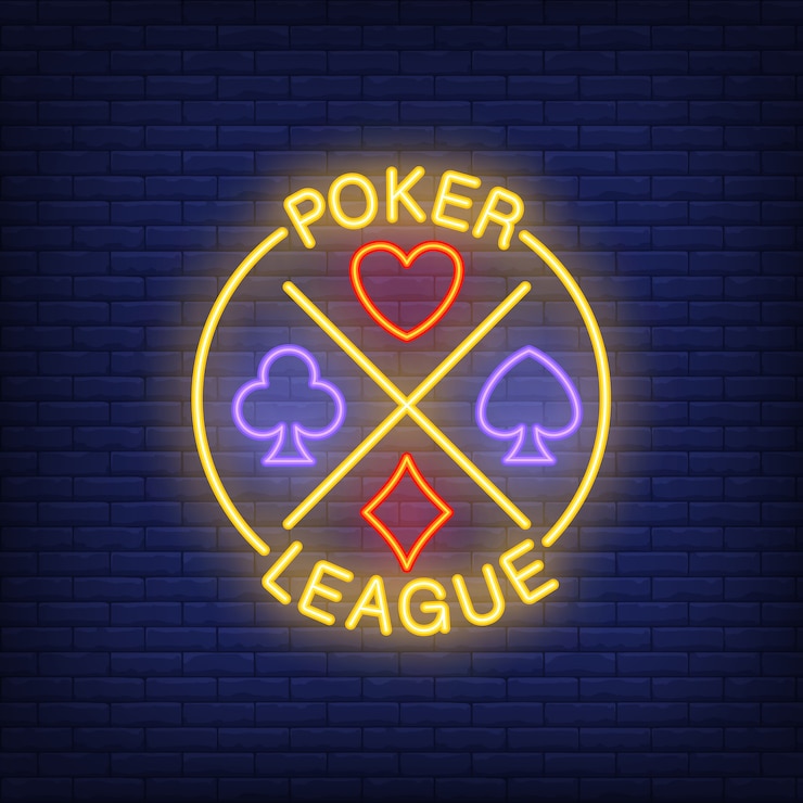 Vector Gratis poker league lettering with suits. neon icon on brick background. 