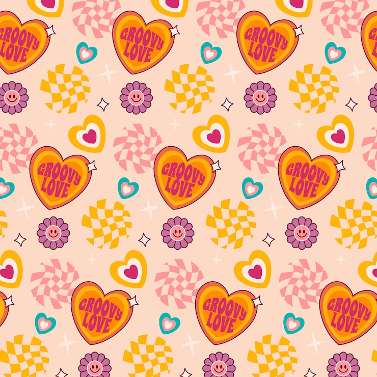 Vector Gratis pola cinta groovy yang digambar tangan
