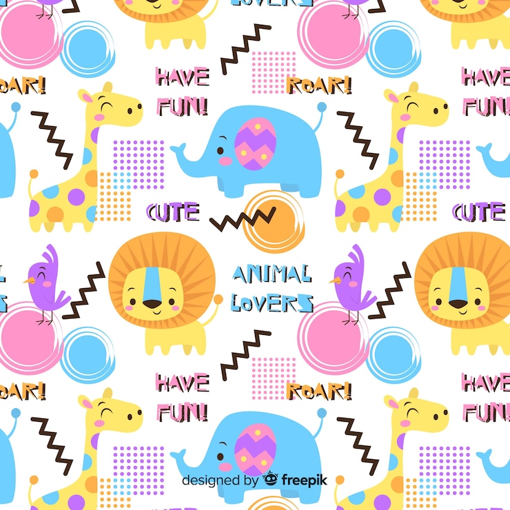 Vector Gratis pola hewan dan kata-kata doodle warna-warni
