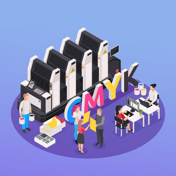 Vector Gratis polygraphy isometric composition with color and paint industry symbols 