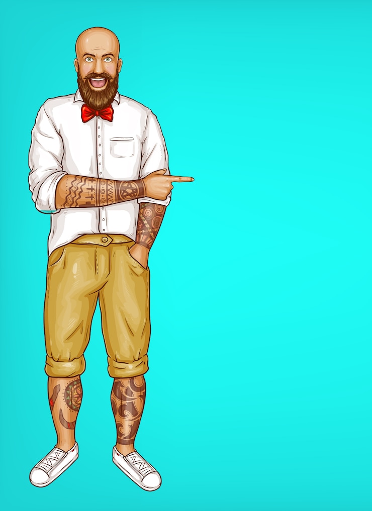 Vector Gratis pop art tattooed bald bearded man