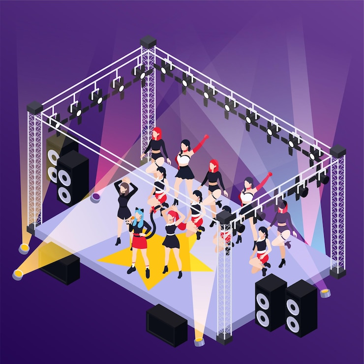 Vector Gratis pop music girls band  performing on stage outdoor isometric 