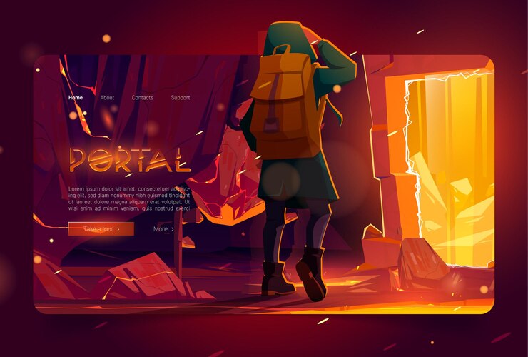 Vector Gratis portal banner with man in mountain cave with ancient stone arch with golden glow