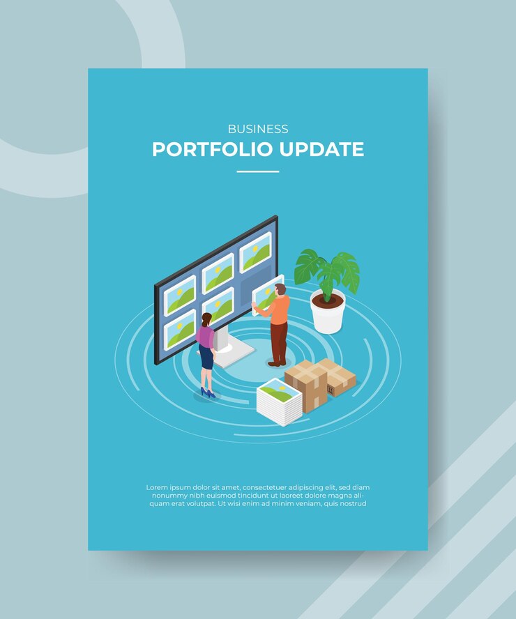 Vector Gratis portfolio update concept women and men standing front big computer  