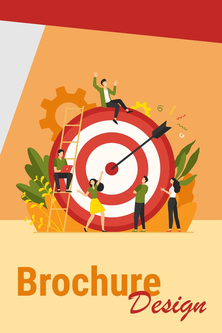 Vector Gratis positive tiny people sitting and walking near huge target with arrow isolated flat vector illustration. cartoon business team achieving goal or aim. marketing strategy and achievement concept