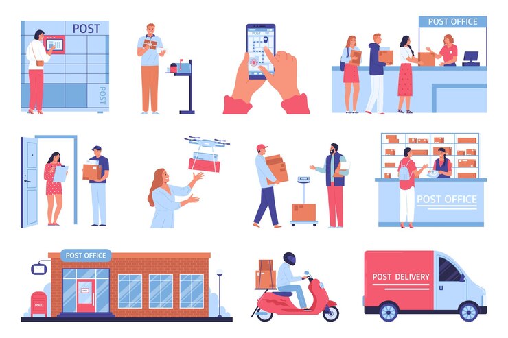 Vector Gratis post office flat icons set with courier delivery and postal terminal systems isolated vector illustration