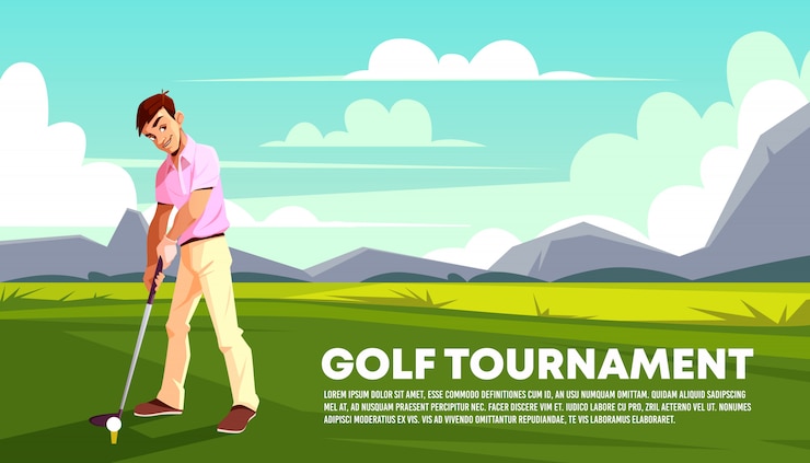 Vector Gratis poster, a banner of a golf tournament. man playing on green grass. 