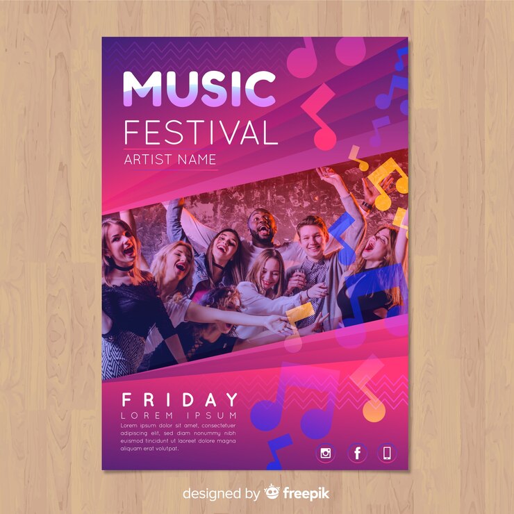 Vector Gratis poster festival musik gradien warna-warni dengan gambar