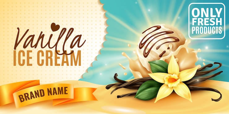 Vector Gratis poster iklan produk rasa alami es krim vanila dengan polong biji aromatik bunga tanaman realistis