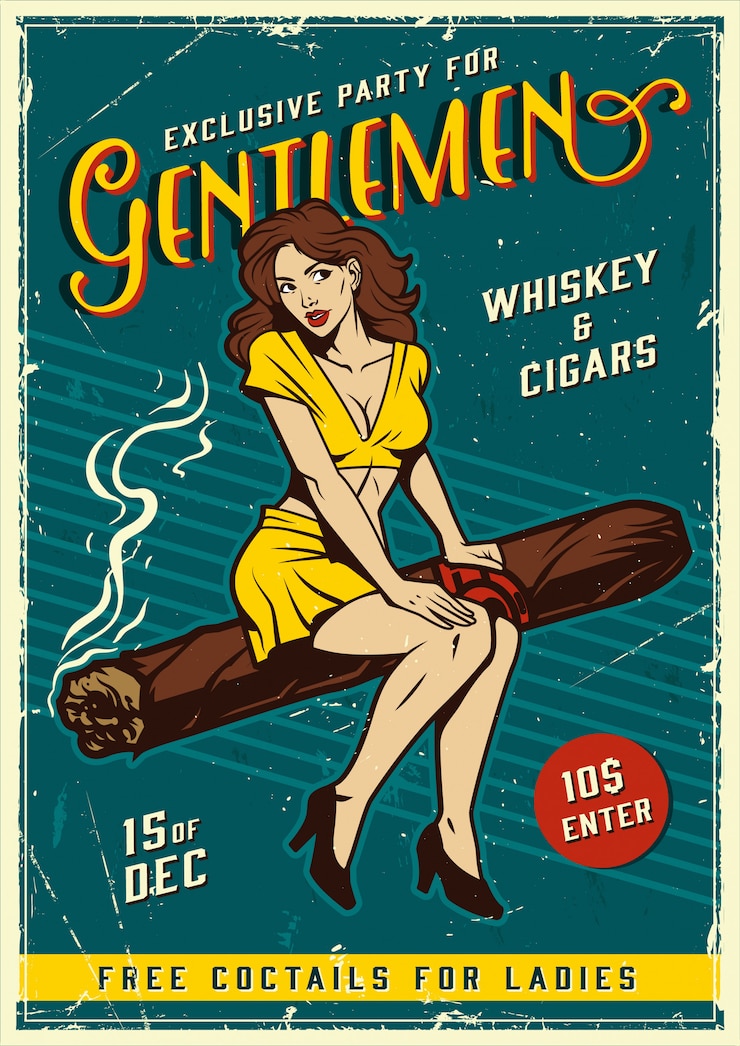 Vector Gratis poster pesta pria vintage dengan gadis pin-up