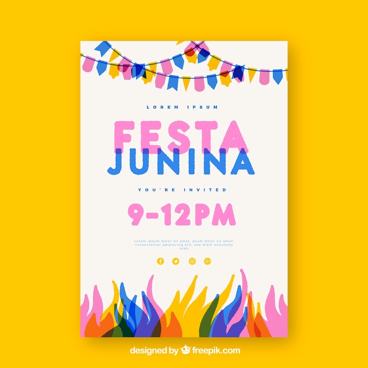 Vector Gratis poster undangan festa junina dengan elemen warna-warni