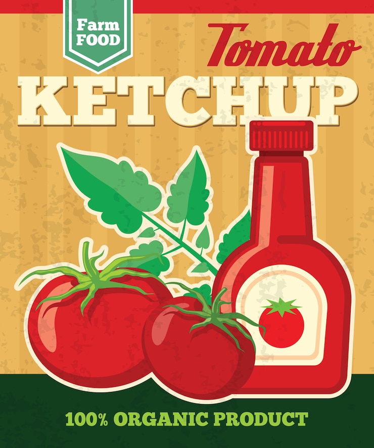 Vector Gratis poster vektor tomat dalam gaya vintage. ilustrasi saus alami segar sayuran, saus tomat