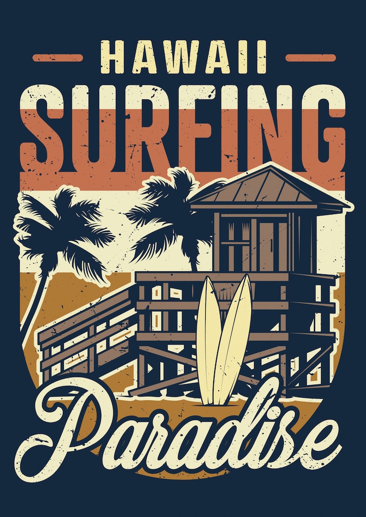 Vector Gratis poster warna-warni selancar hawaii vintage