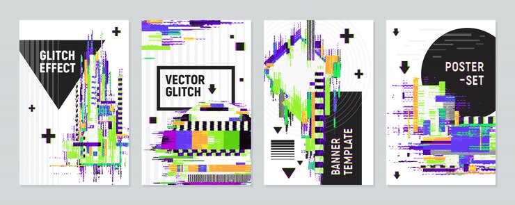 Vector Gratis posters set with glitch effect