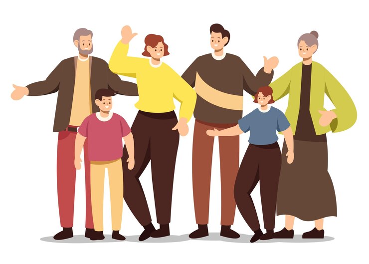 Vector Gratis potret keluarga besar dengan tiga generasi seperti kakek, nenek, ayah, ibu, dan anak-anak dengan usia berbeda bersama-sama