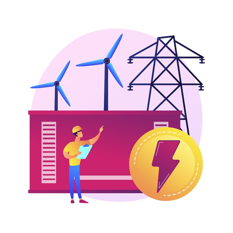 Vector Gratis power station, electrical energy generation, electricity production. power engineer cartoon character. energy industry, electric plant.