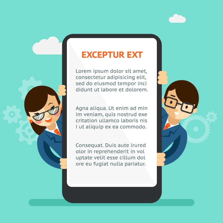 Vector Gratis presentasi aplikasi seluler. pria dan wanita berkostum, mencari ponsel layar sentuh. ilustrasi vektor