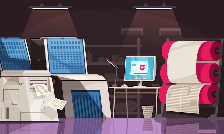 Vector Gratis press equipment and desk with computer in printing house