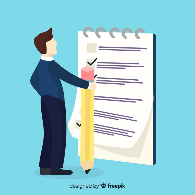 Vector Gratis pria bekerja memeriksa daftar periksa besar