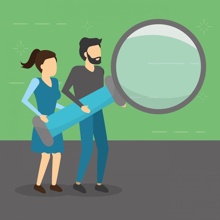 Vector Gratis pria dan wanita memegang kaca pembesar, gaya datar