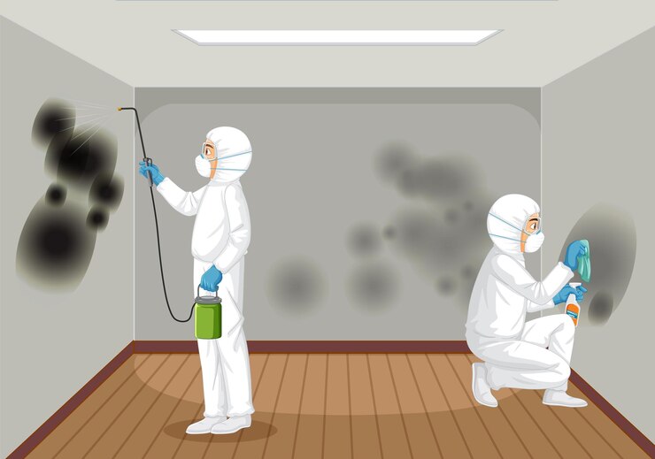 Vector Gratis pria dengan pakaian hazmat pelindung membersihkan jamur di dinding