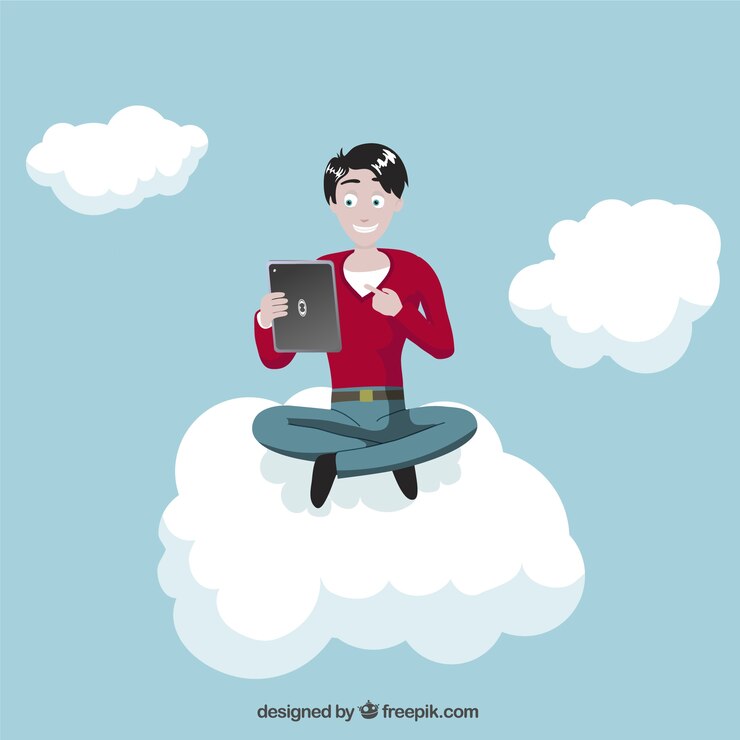 Vector Gratis pria dengan tablet di awan