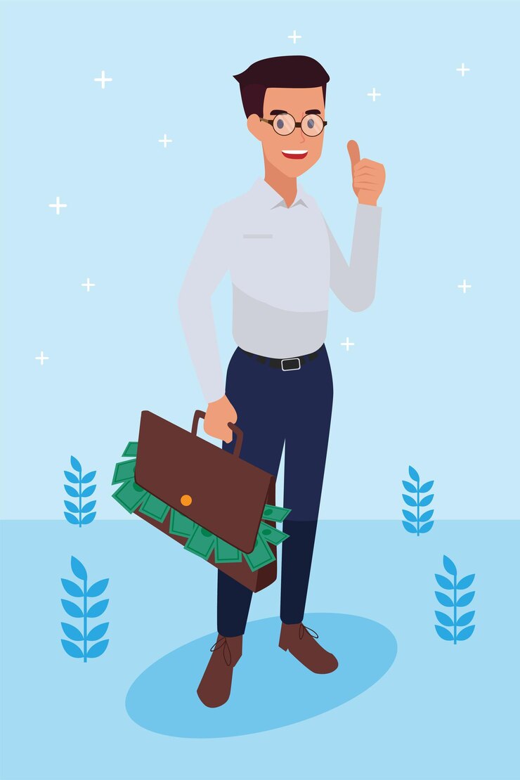 Vector Gratis pria korporat bahagia telah menyelesaikan pekerjaannya sebagai visi & misi dan merayakan, konsep keberhasilan kepemimpinan dan kemajuan karier, ilustrasi datar