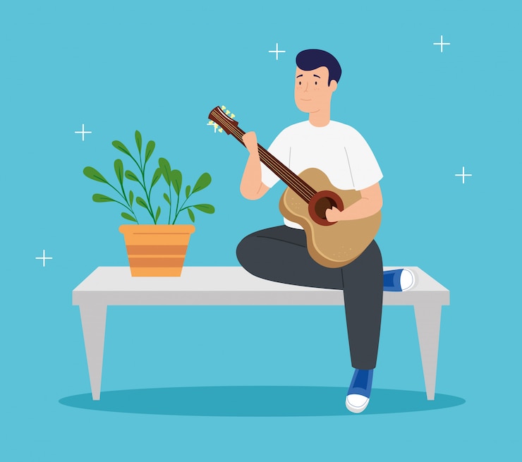 Vector Gratis pria muda tinggal di rumah bermain gitar di meja